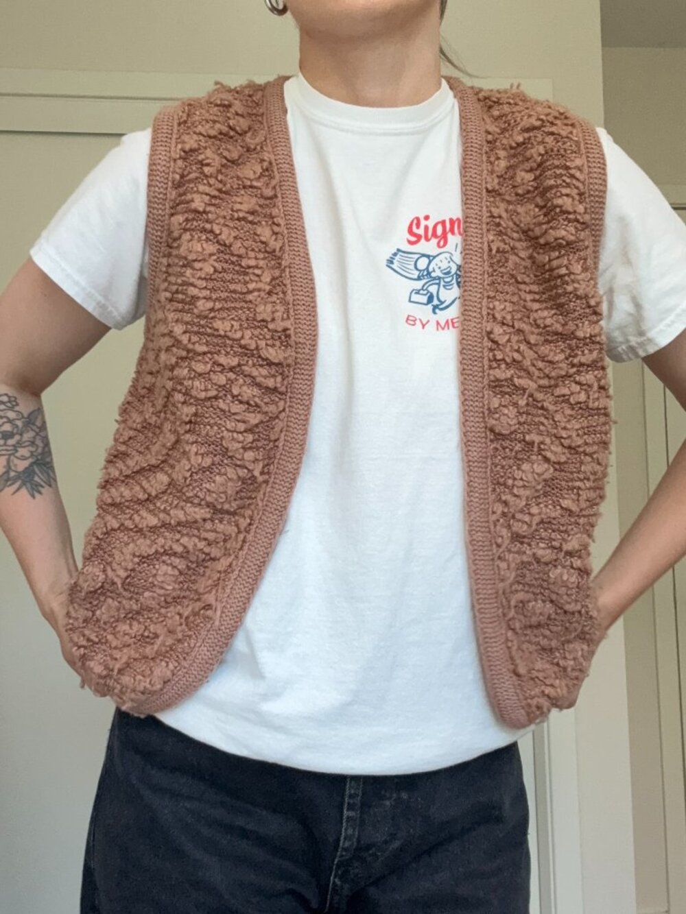 Textured Popcorn Knit Open Knit Sweater Vest in Light Brown